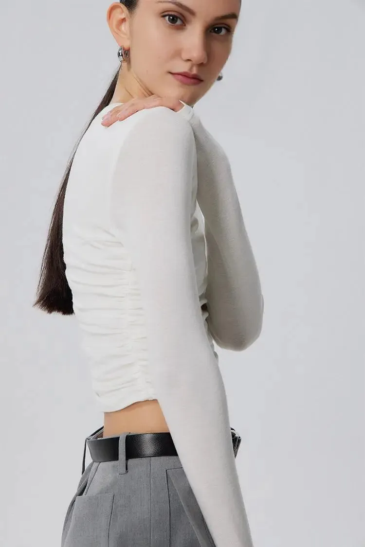 Tencel Long Sleeve Crop Top with Ruched Waist