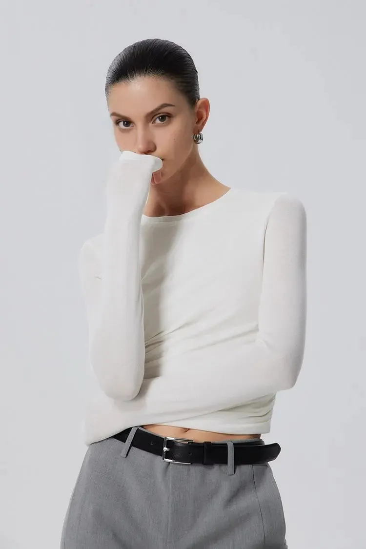 Tencel Long Sleeve Crop Top with Ruched Waist