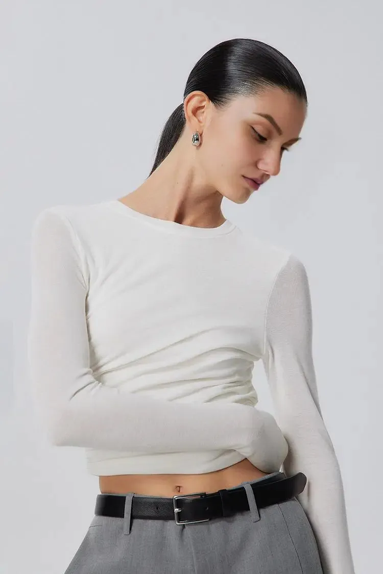 Tencel Long Sleeve Crop Top with Ruched Waist