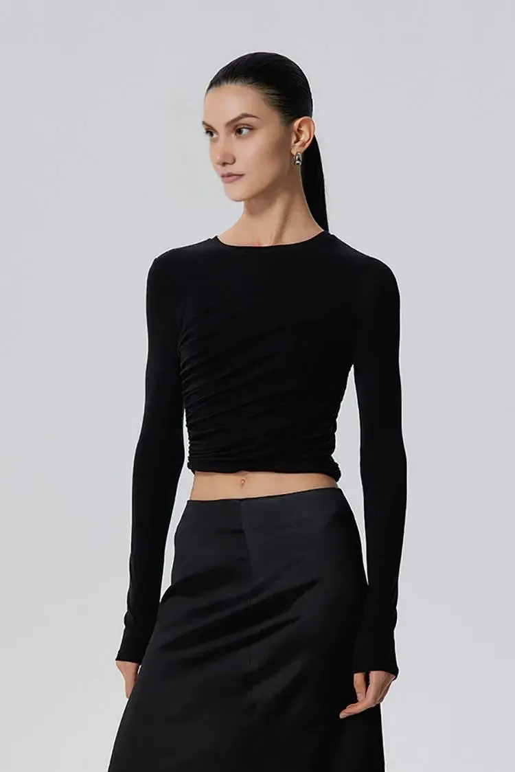 Tencel Long Sleeve Crop Top with Ruched Waist