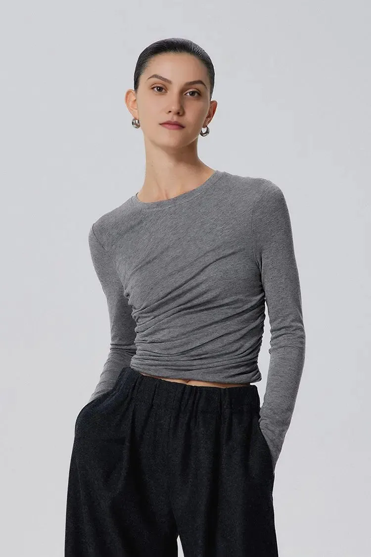 Tencel Long Sleeve Crop Top with Ruched Waist