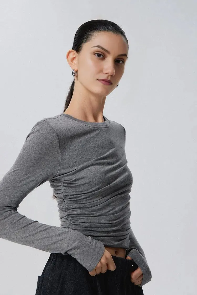 Tencel Long Sleeve Crop Top with Ruched Waist