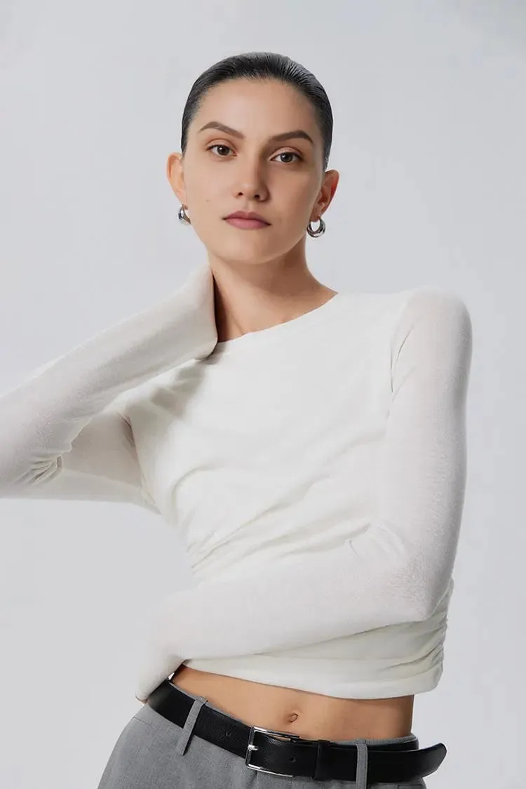 Tencel Long Sleeve Crop Top with Ruched Waist