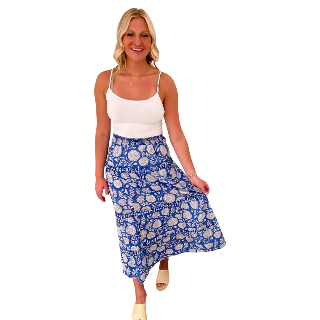 The Kara Long Length Hand Block Printed Skirt in Blue and White
