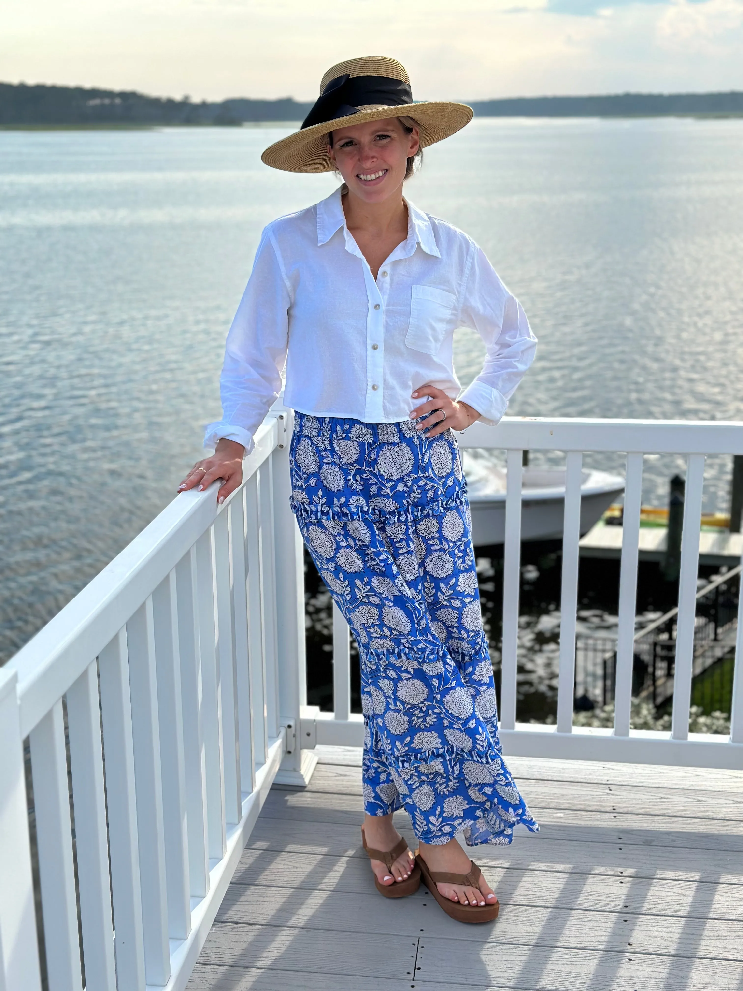 The Kara Long Length Hand Block Printed Skirt in Blue and White