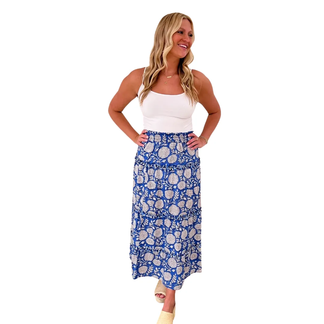 The Kara Long Length Hand Block Printed Skirt in Blue and White