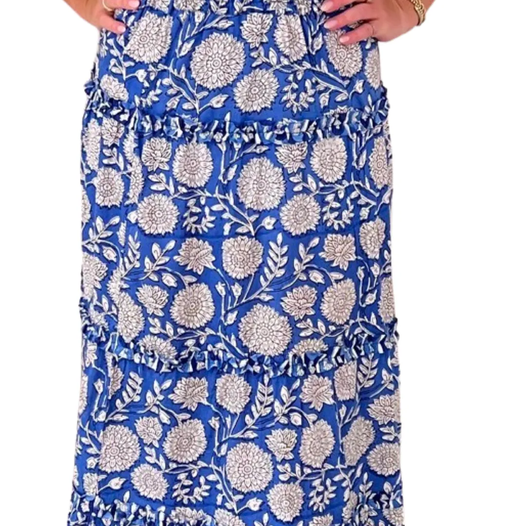 The Kara Long Length Hand Block Printed Skirt in Blue and White