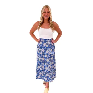 The Kara Long Length Hand Block Printed Skirt in Blue and White