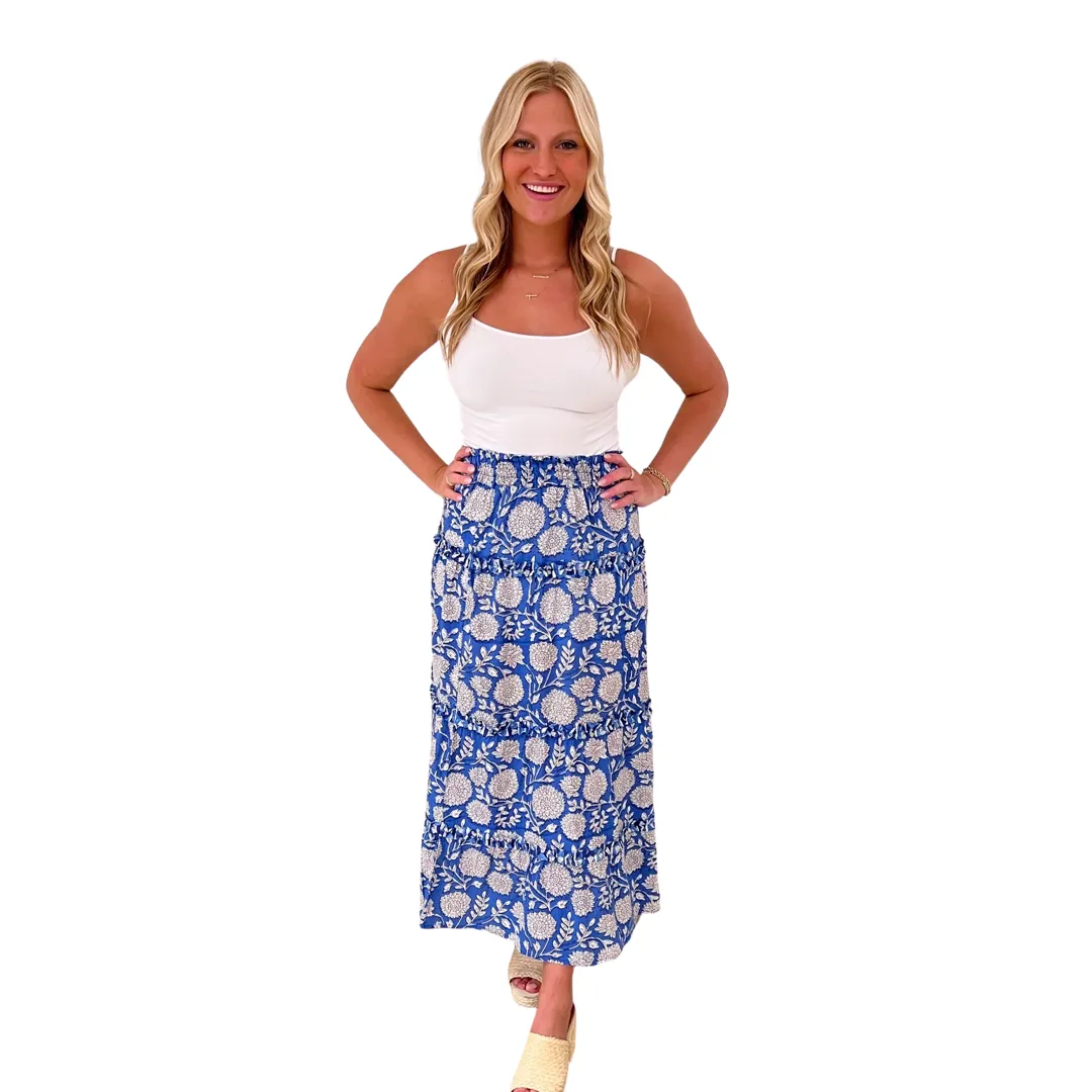 The Kara Long Length Hand Block Printed Skirt in Blue and White