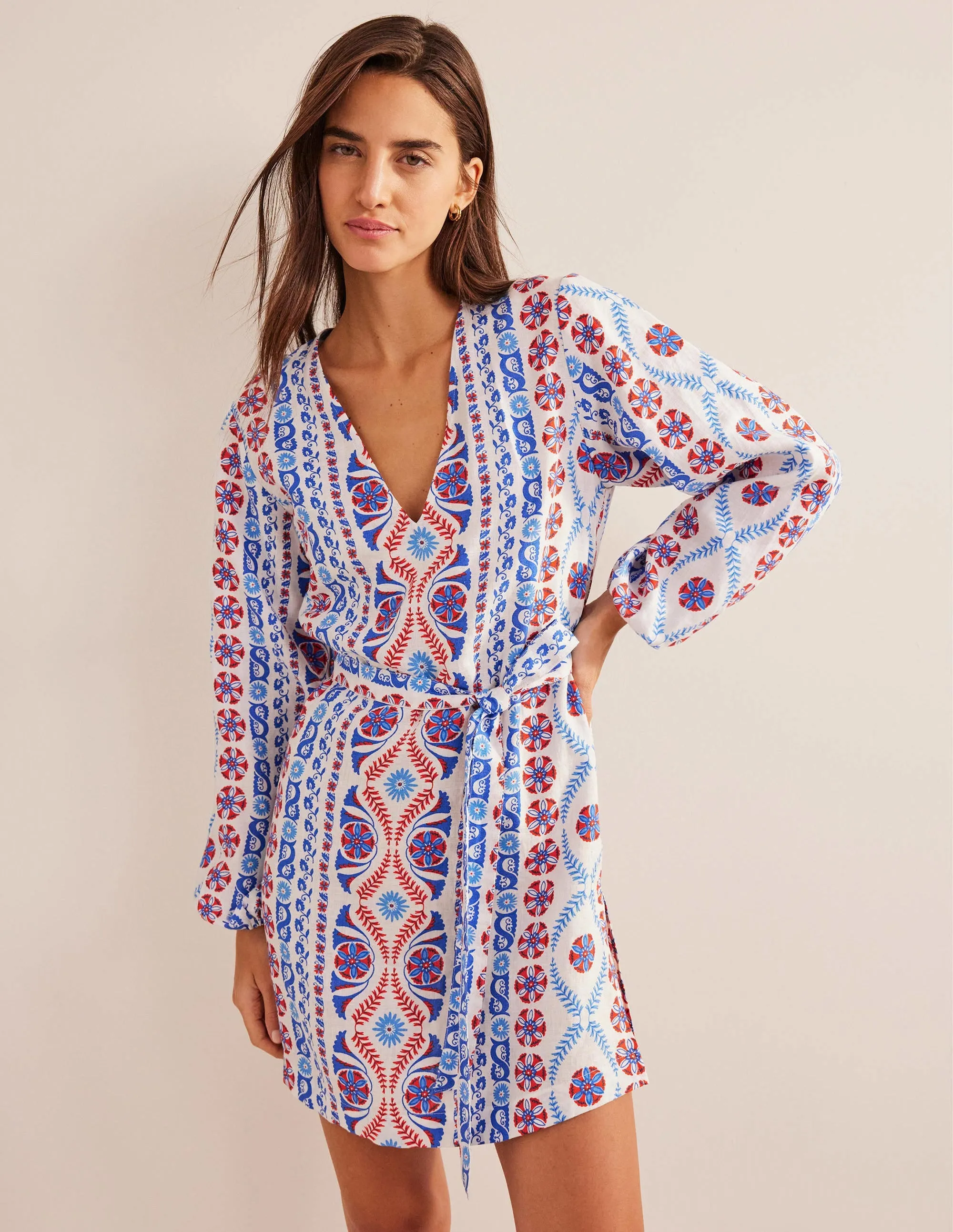 V-Neck Tie Waist Mini Kaftan-Meadow Spring, Opulent Stripe