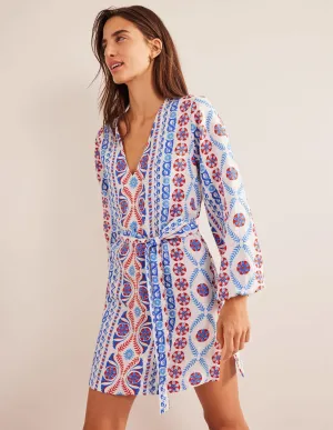 V-Neck Tie Waist Mini Kaftan-Meadow Spring, Opulent Stripe