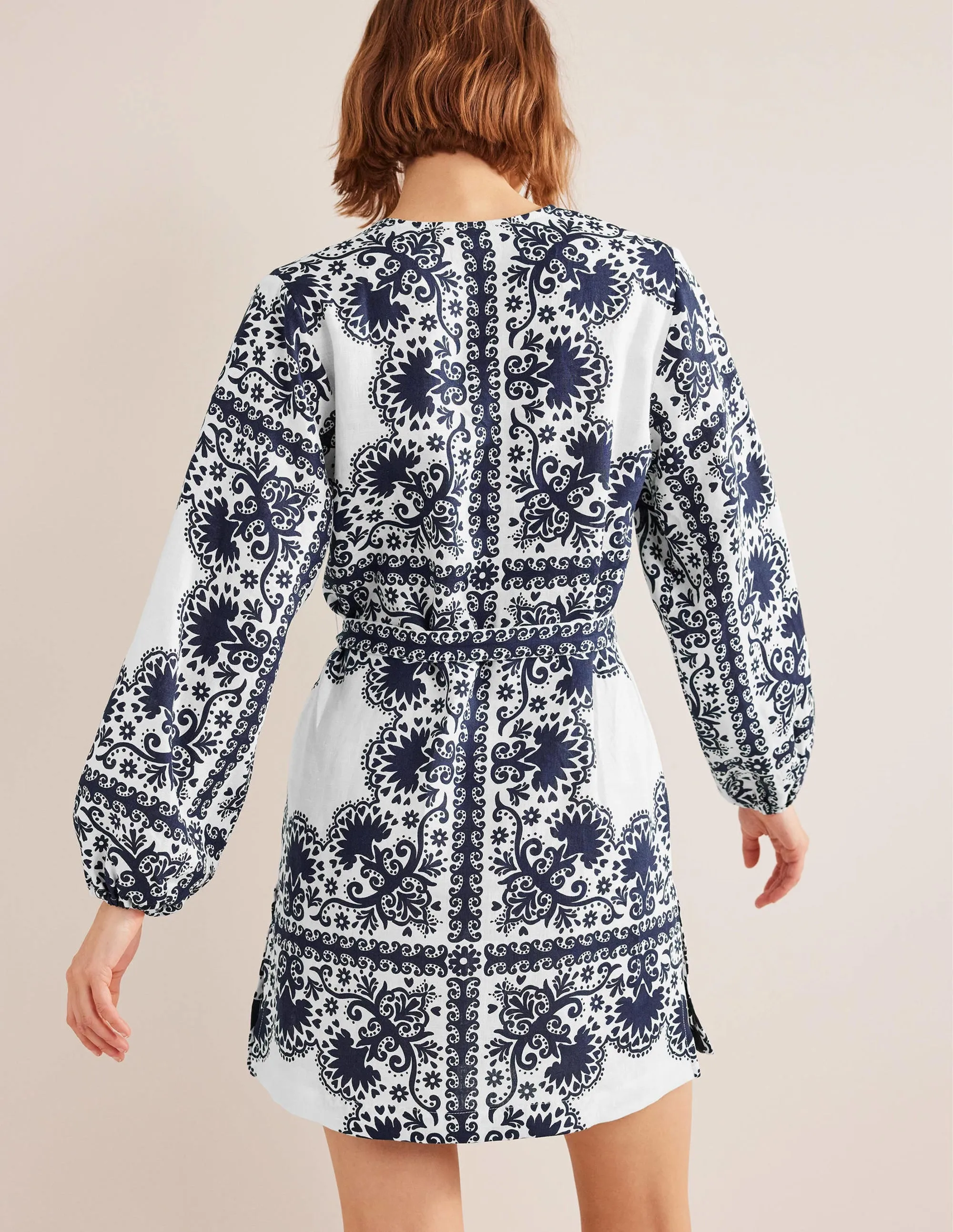 V-Neck Tie Waist Mini Kaftan-Navy, Milos Terrace