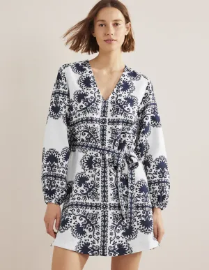 V-Neck Tie Waist Mini Kaftan-Navy, Milos Terrace