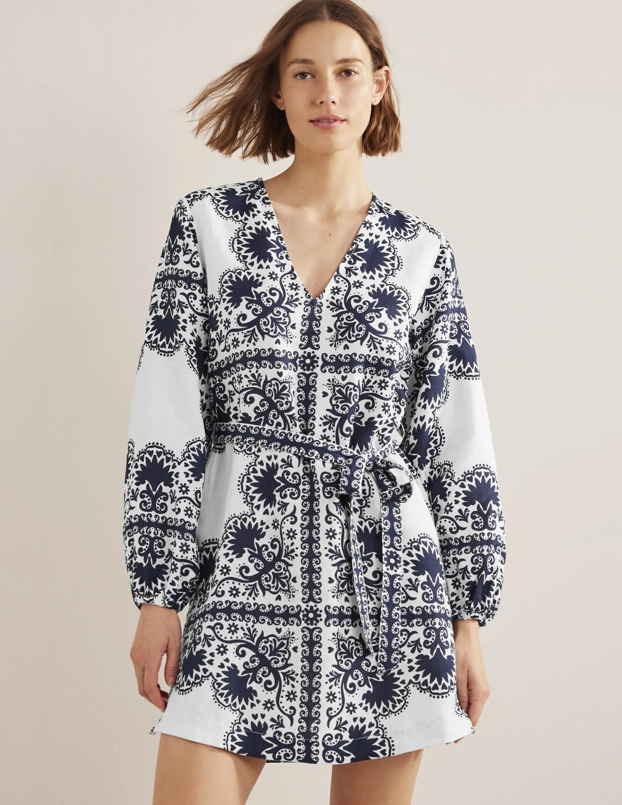 V-Neck Tie Waist Mini Kaftan-Navy, Milos Terrace