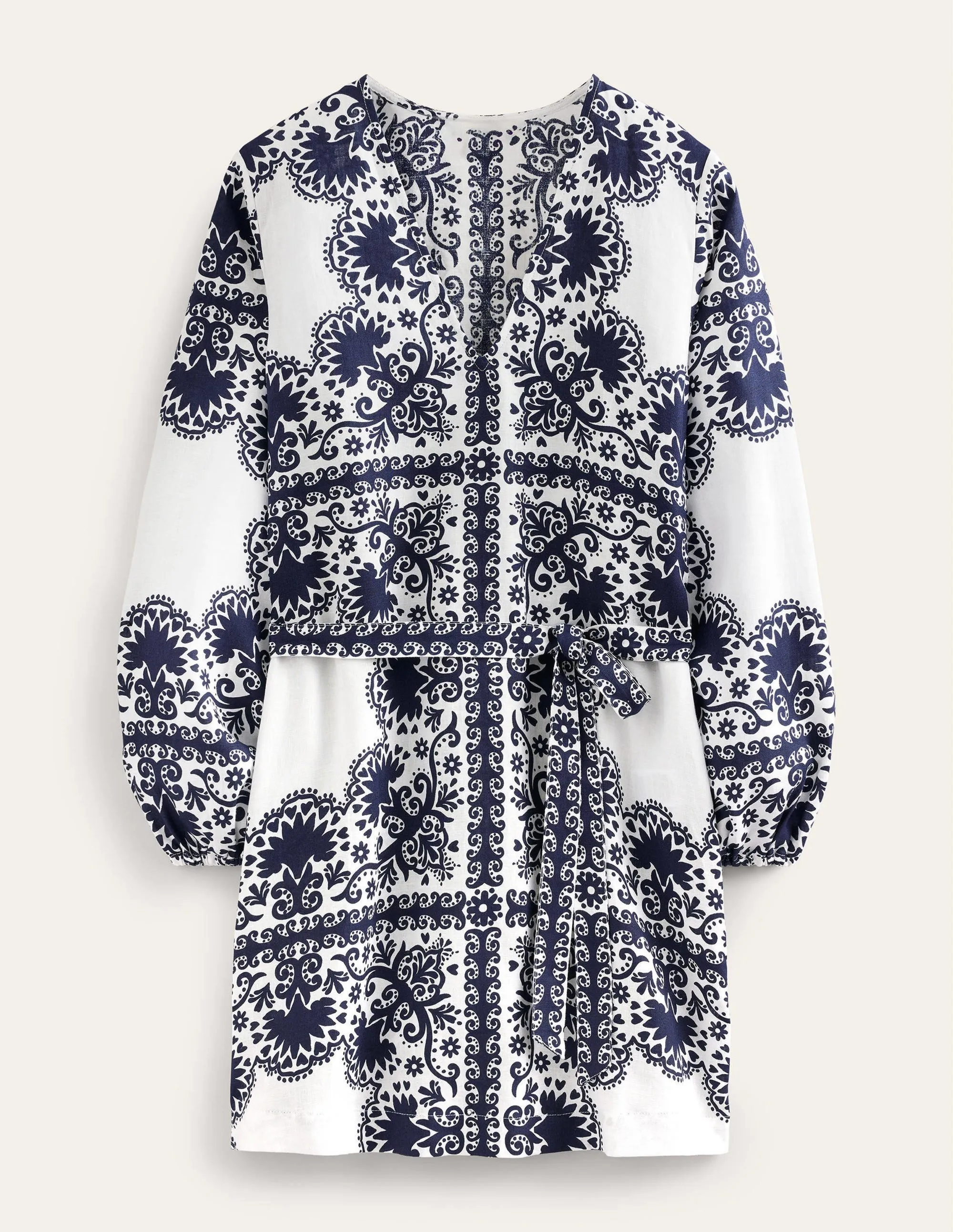 V-Neck Tie Waist Mini Kaftan-Navy, Milos Terrace