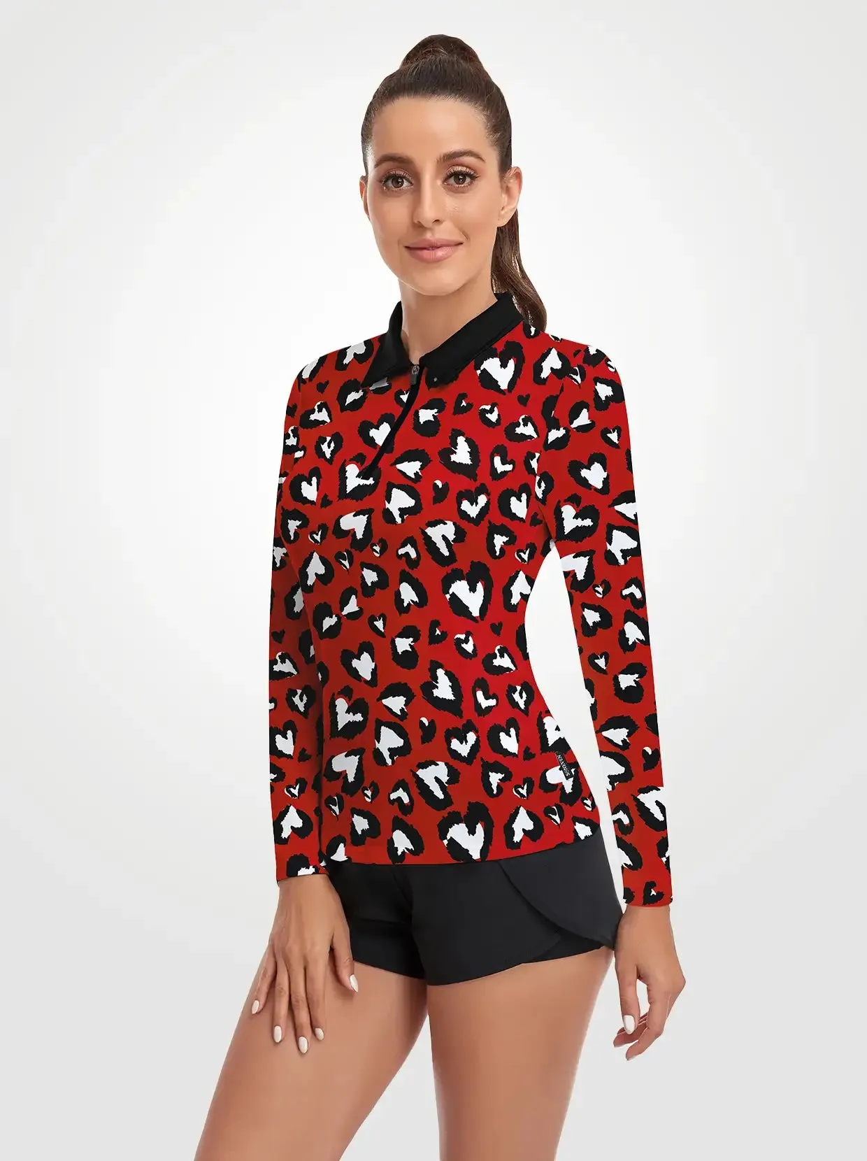 White Heart Quarter-zip Long-sleeve Polo Shirt for Women