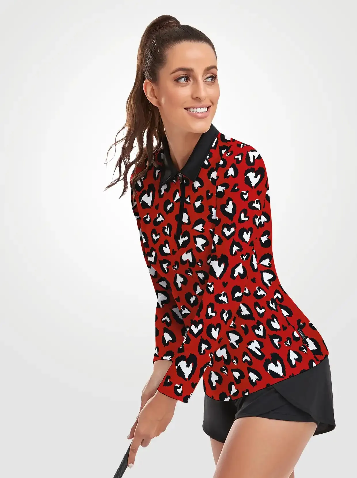 White Heart Quarter-zip Long-sleeve Polo Shirt for Women