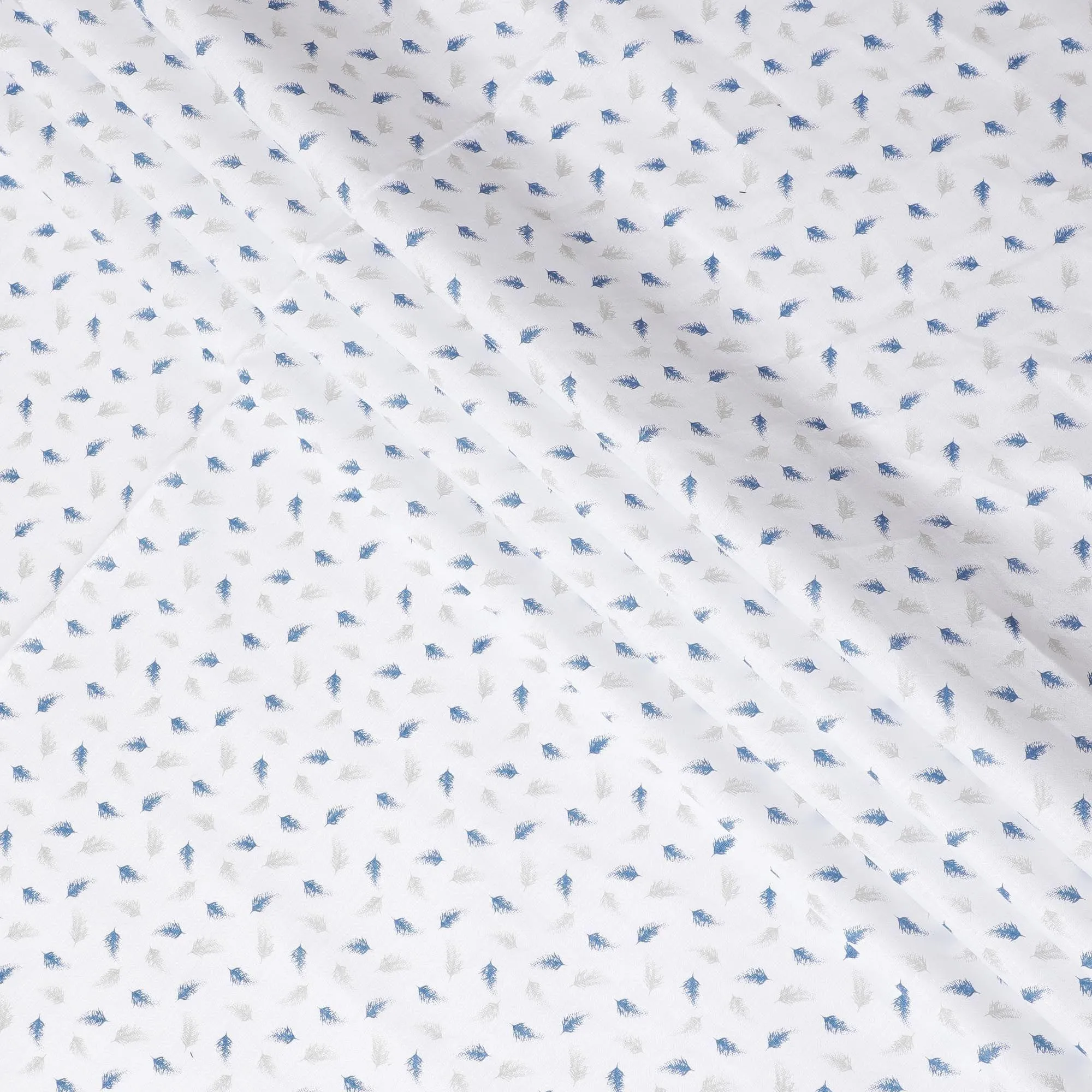 White premium 100% pure linen fabric with blue and laurel green print in Leaf design-D11095