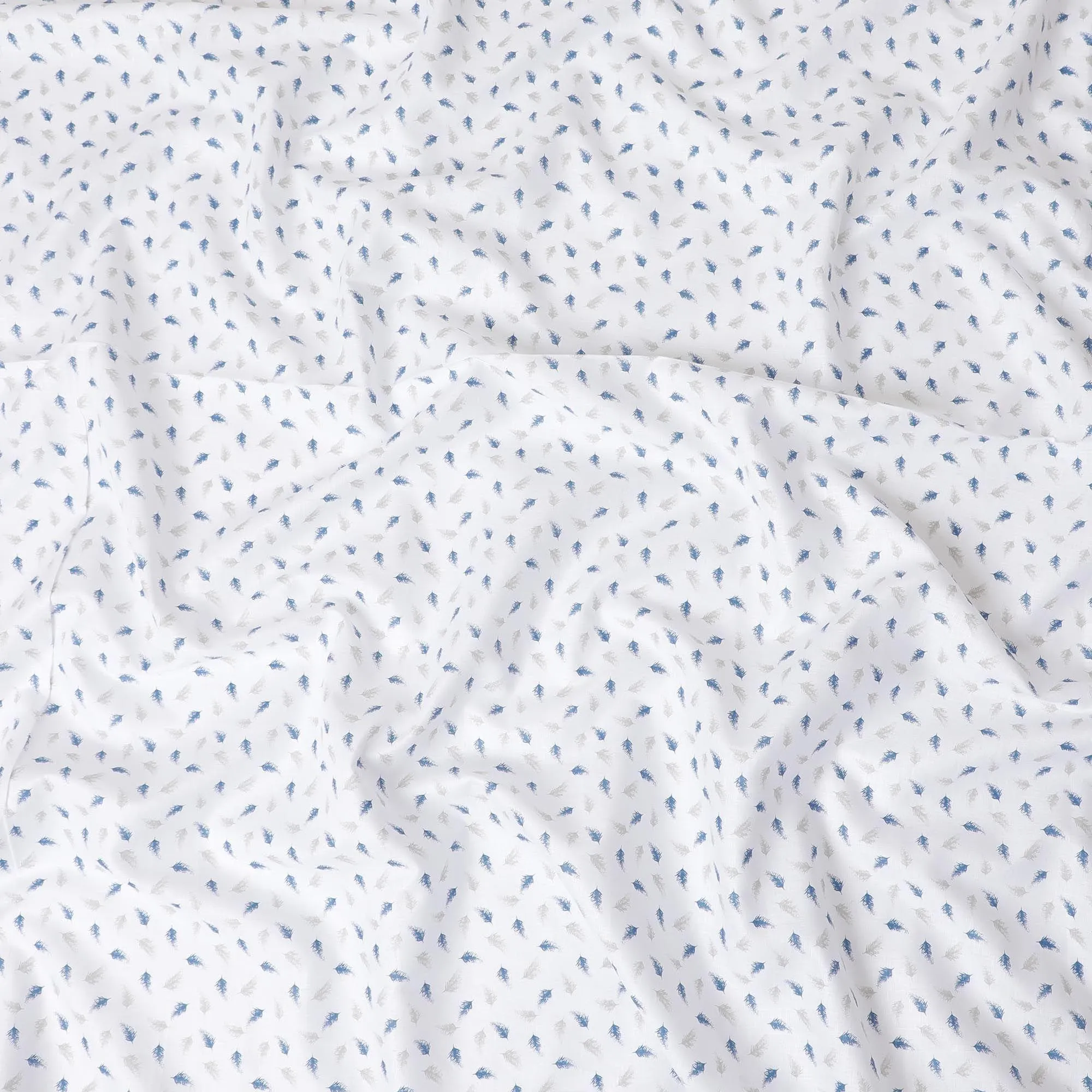White premium 100% pure linen fabric with blue and laurel green print in Leaf design-D11095