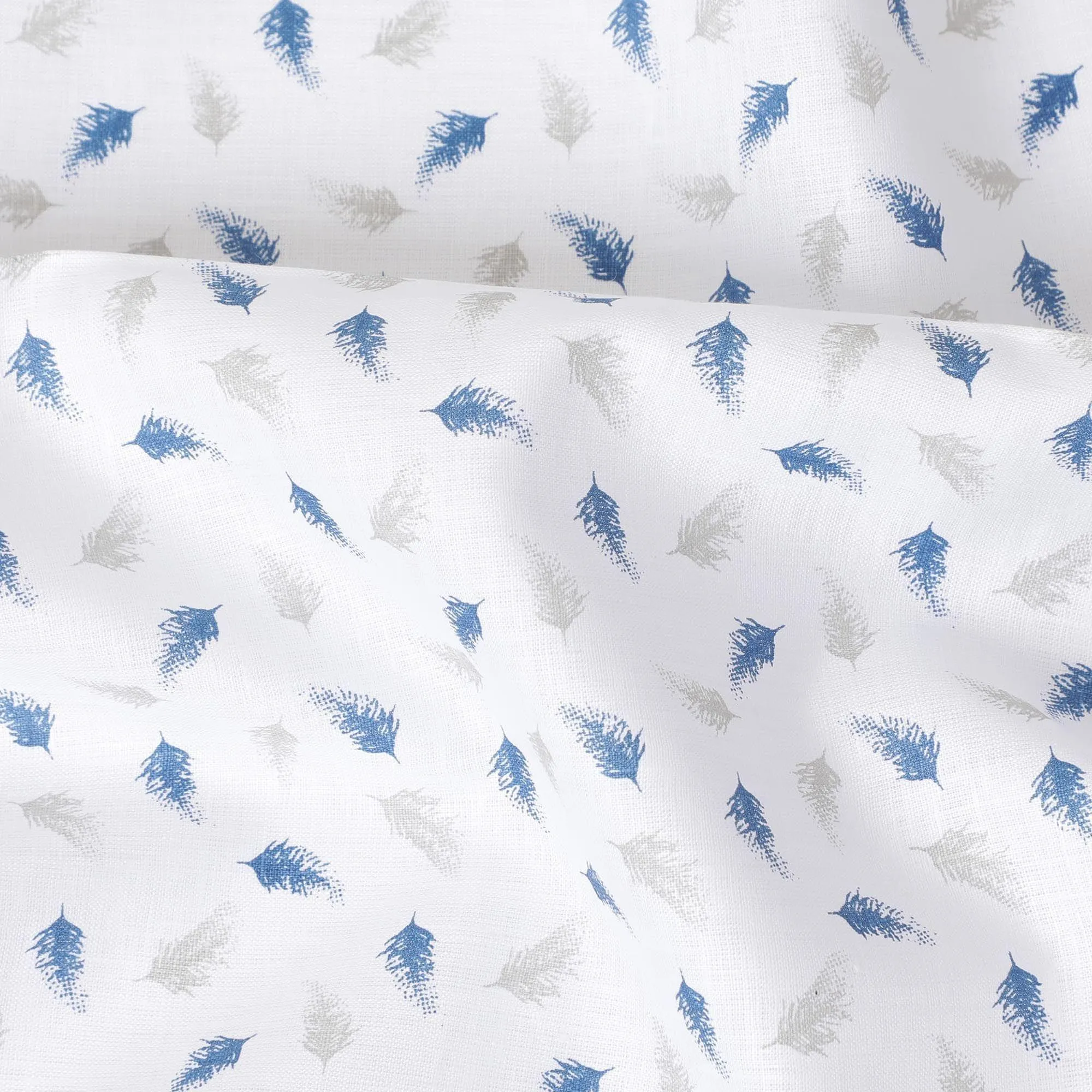 White premium 100% pure linen fabric with blue and laurel green print in Leaf design-D11095