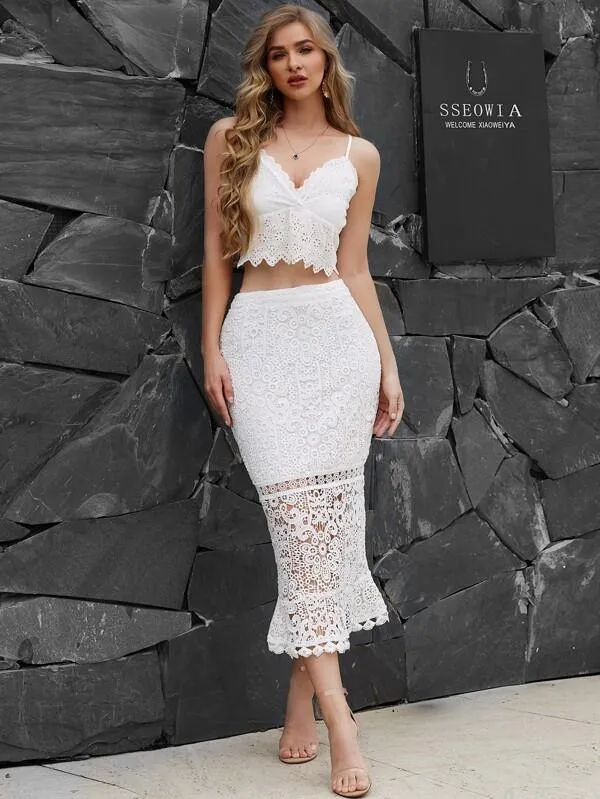 Yilibasha Fishtail Hem Guipure Lace Skirt